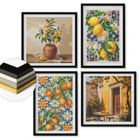 WANDBILDER 4er-Set - 50x50 cm & 40x60 cm Schwarzer Rahmen - Zitronenorange Blütenmuster - Schwarz, Kunststoff (50/50cm) - ArtPrintCave