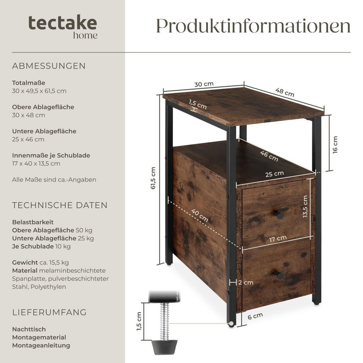 NACHTSCHRANK Tullamore, 30 x 49,5 x 61,5 cm, Industrial Holz dunkel, rustikal - Rostfarben, Holzwerkstoff (30/61.5/49.5cm) - tectake