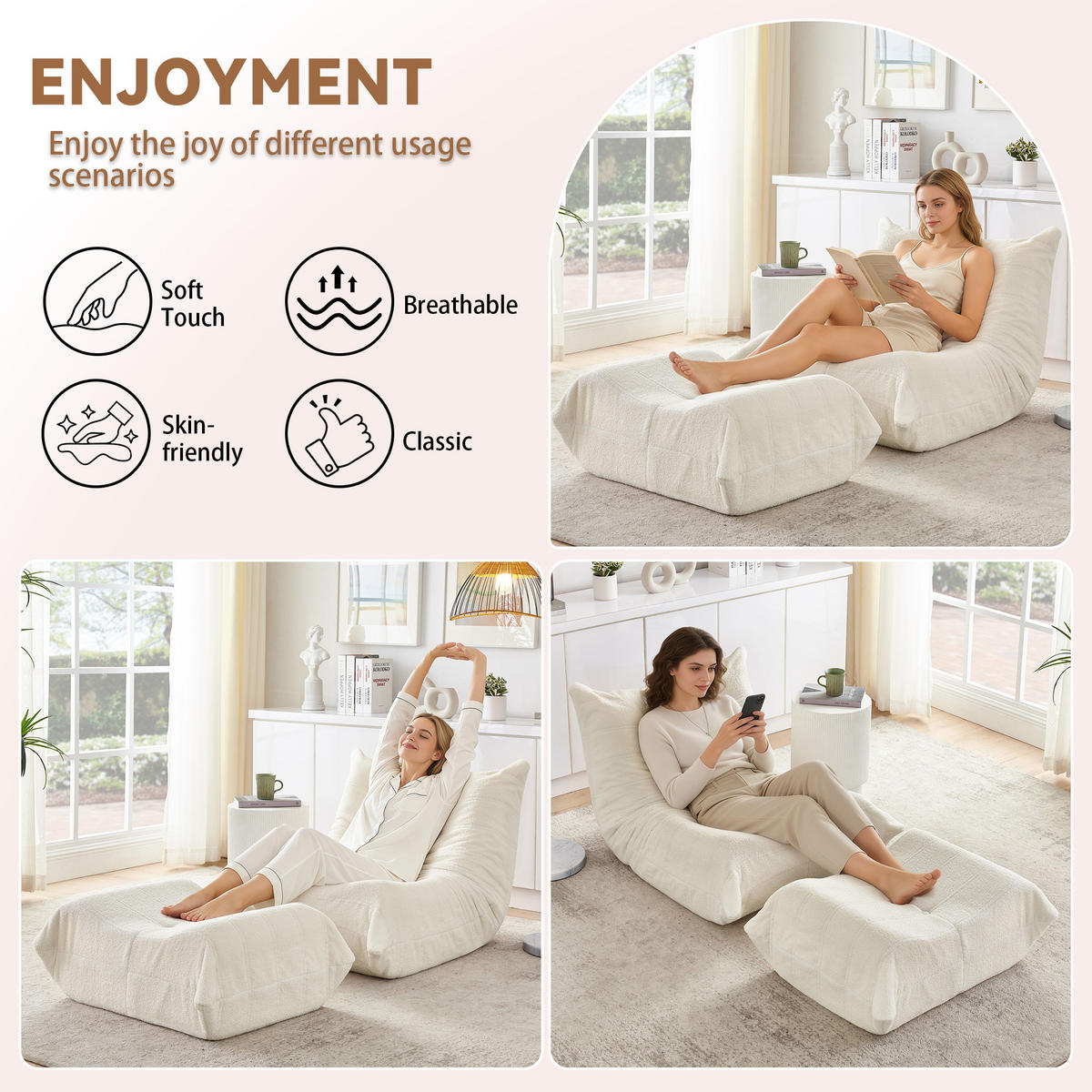 LAZY SOFA Teddypäls-look med Pall mjuk & ergonomisk - Beige, Textil (100/70/90cm) - Urban Meuble