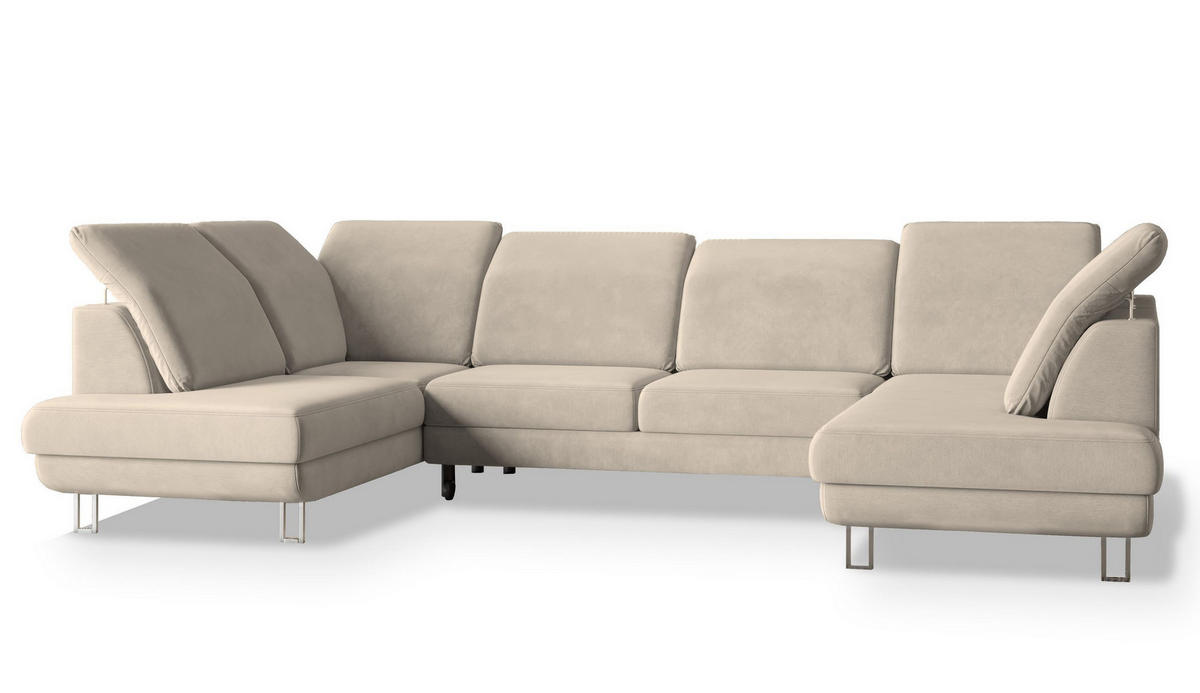 WOHNLANDSCHAFT TERAMO Creme Velours-Stoff mit Schlaffunktion - Creme, Holz (316/88/193cm) - MASSENO