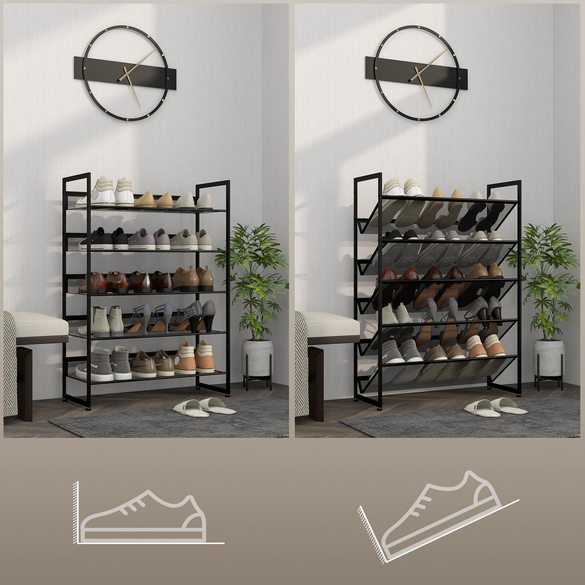 SCHUHREGAL, für max. 15 Paar Schuhe, Stahl, 72 x 30 x 102 cm, Schwarz - Schwarz, Metall (30/102/72cm) - HOMCOM