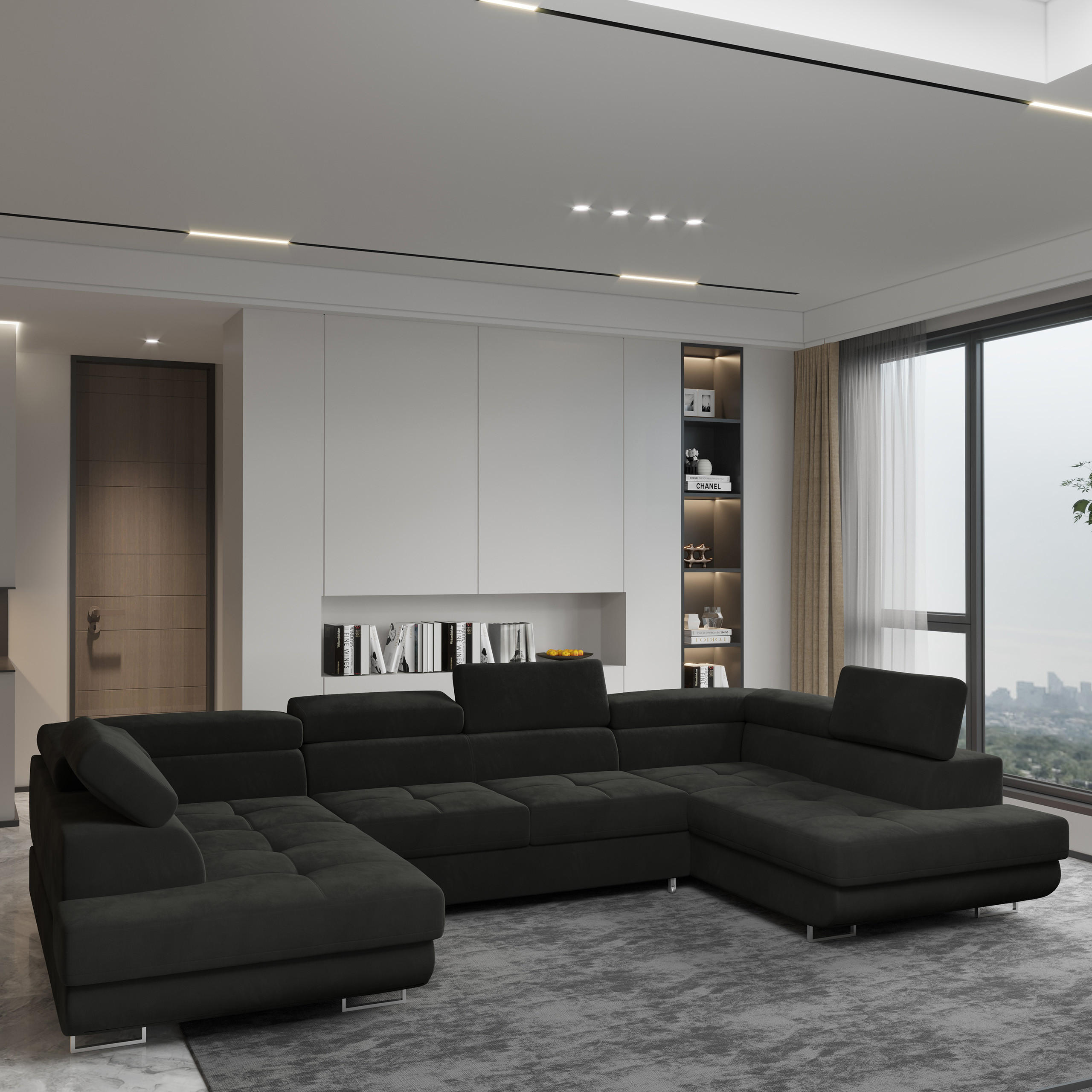 WOHNLANDSCHAFT RAGGIO Schwarz Velours-Stoff mit Schlaffunktion - Schwarz, Holz (336/90/202cm) - MASSENO