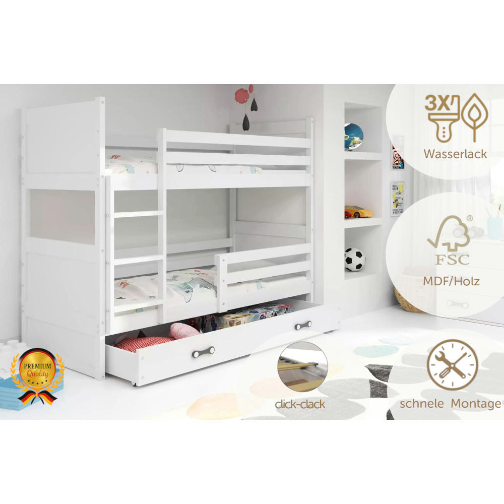 ETAGENBETT Rico 200x90cm in Weiß mit Lattenrost und Schublade - Weiß, Holz/Holzwerkstoff (90/200cm) - Interbeds