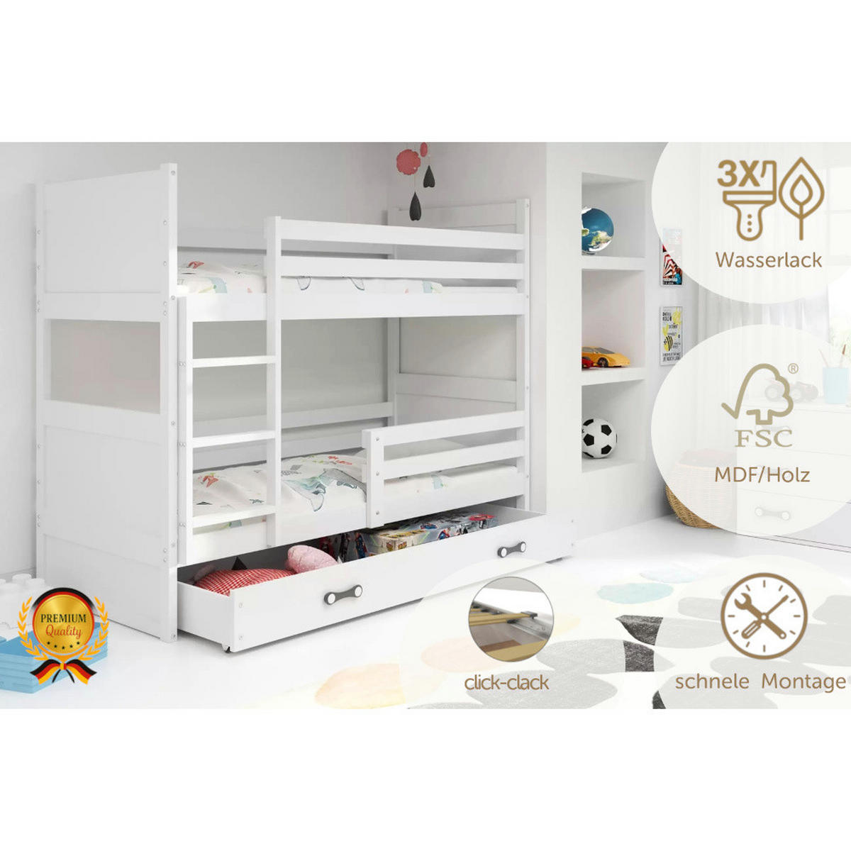 ETAGENBETT Rico mit Lattenrost und Schublade Weiß 190x90 - Weiß, Holz/Holzwerkstoff (90/190cm) - Interbeds