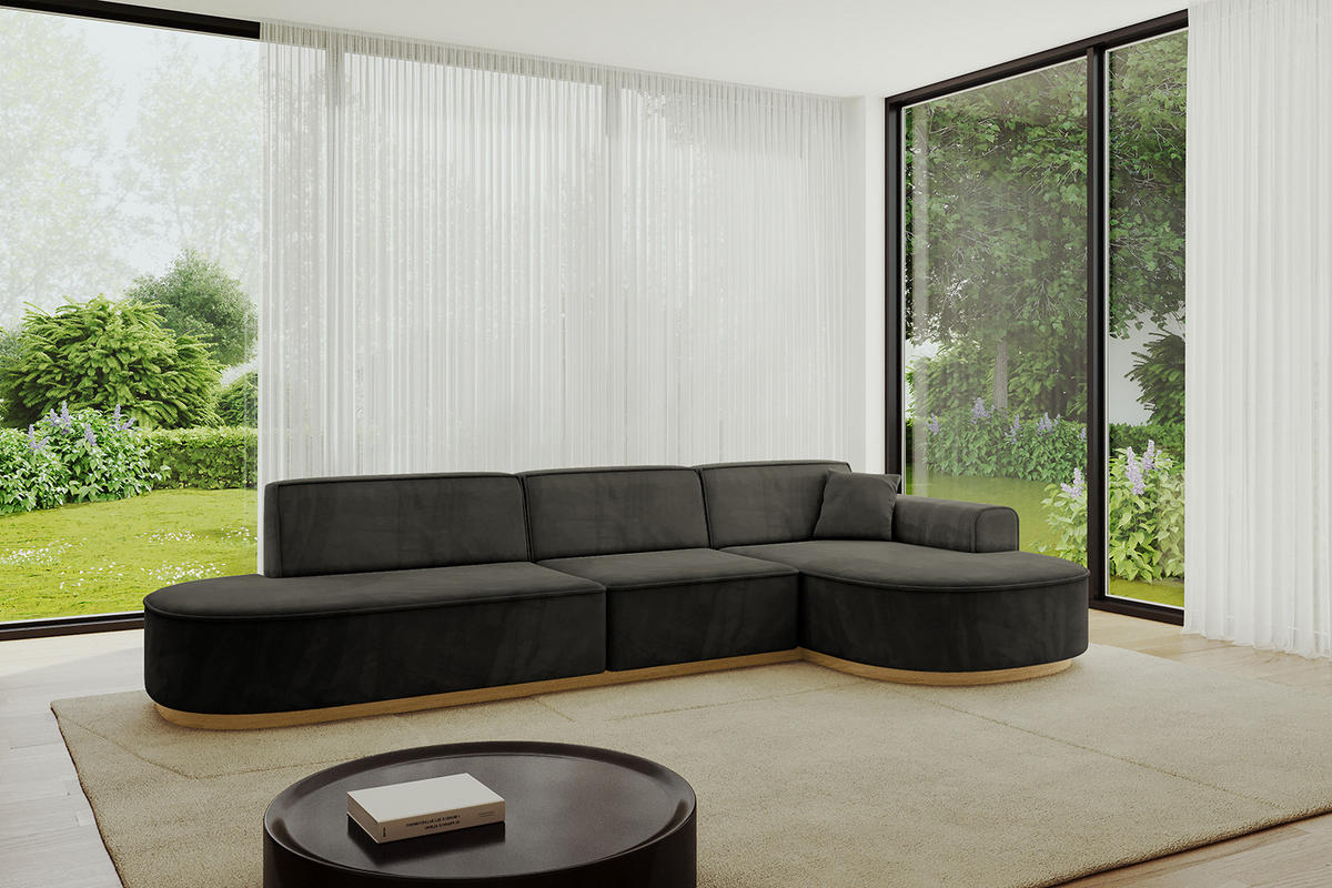ECKSOFA Ottomane Rechts MARI-L2-v2 - 328x171x83 cm Schwarz Velours - Schwarz, Holzwerkstoff/Textil (171/328cm) - ALTDECOR