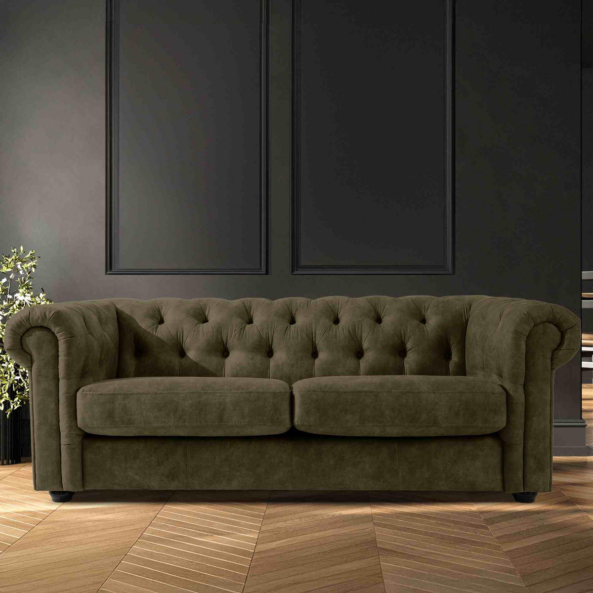 3-SITZER-SOFA GRAVO Chesterfield, Kunstleder - Wengefarben/Olivgrün, Leder/Holz (202/72/95cm) - KONSIMO®