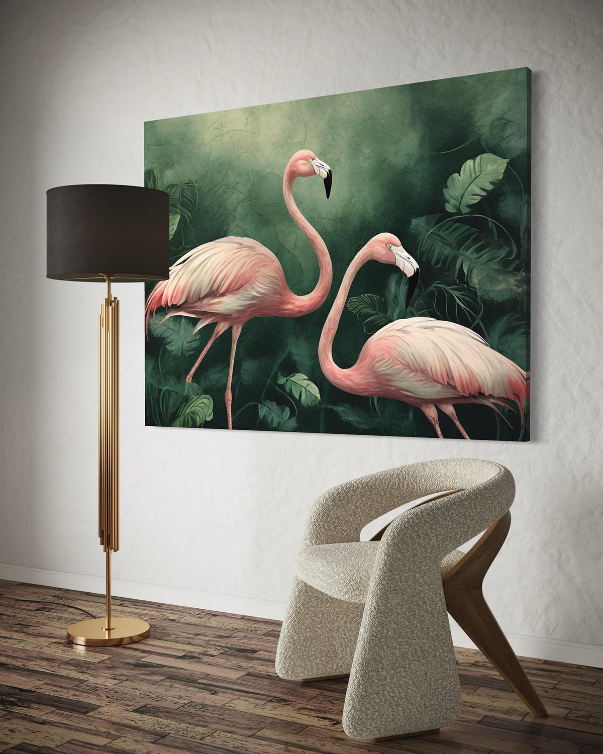 WANDBILD flamingos botanik natur - Grün, Textil (60/40cm) - Feeby