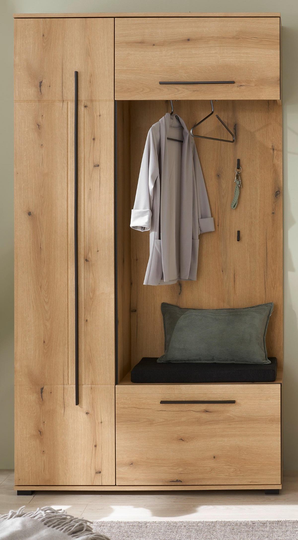 KOMPKATGARDEROBE Evoke Eiche 111 x 200 cm, Garderobe mit Soft-Close - Eichefarben/Schwarz, Holzwerkstoff/Kunststoff (111/200/37cm) - Furn.Design