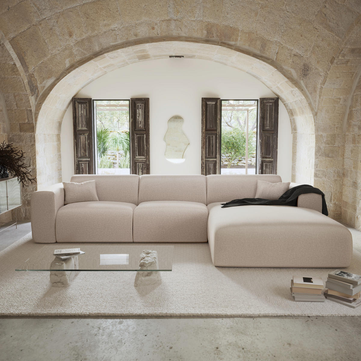 ECKSOFA RECHTS SCHLAFSOFA Rastergewebe Beige 280cm - Beige, Textil (280/165cm) - Sia Home