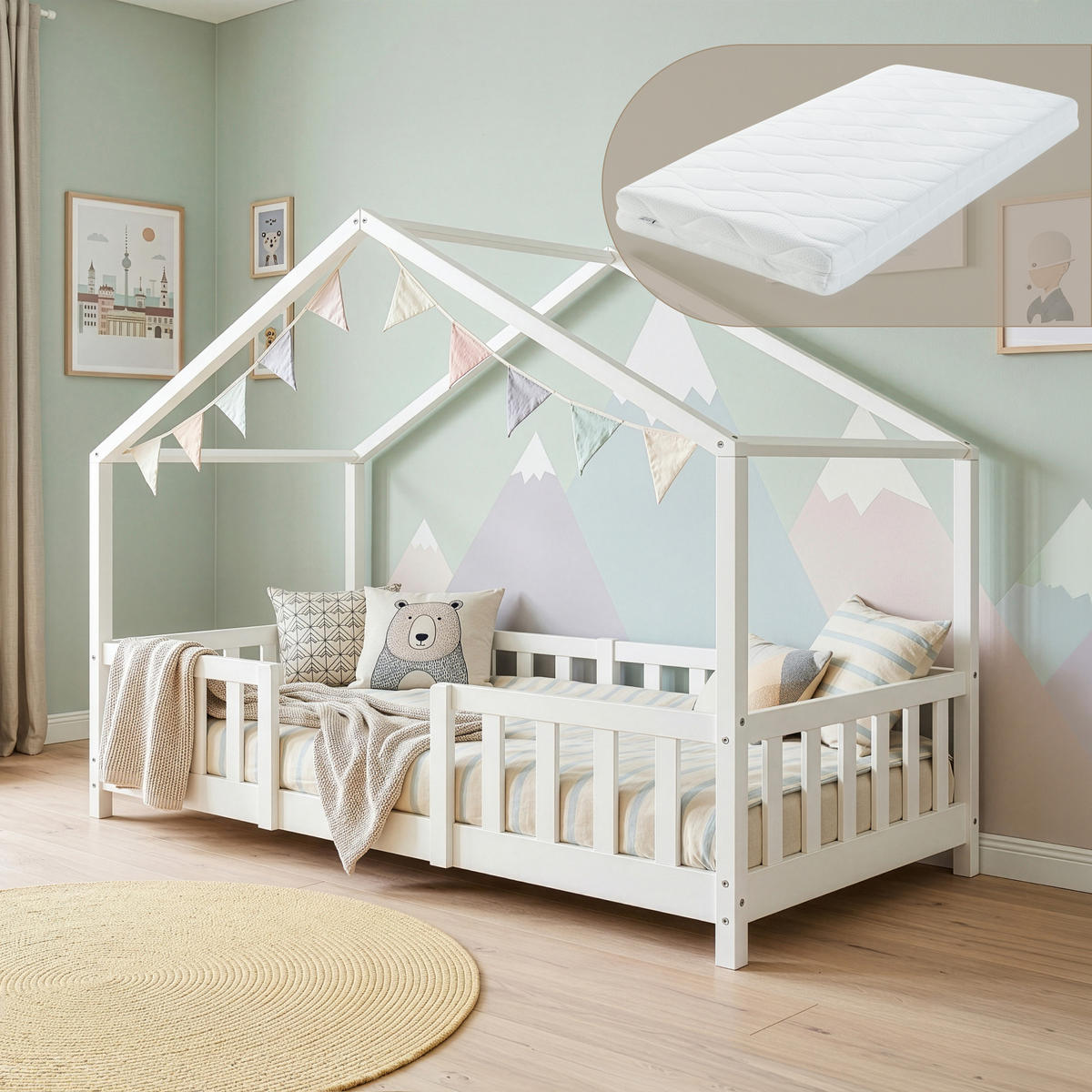 POSTEĽ Treviolo s matracom - biela, drevo/textil (90/200cm) - [en.casa]