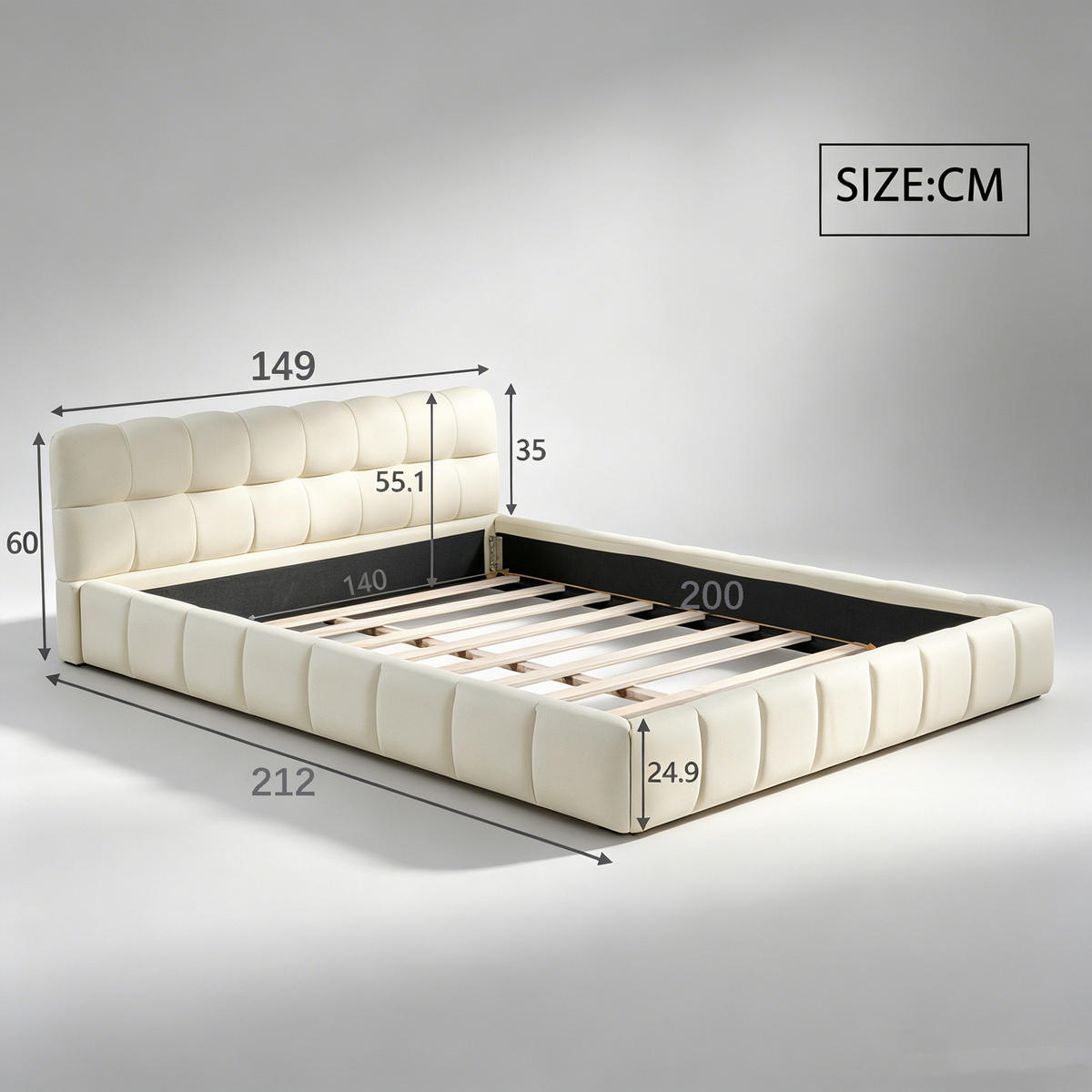 POLSTERBETT 140x200 mit Lattenrost, beige Leinen, niedriges Design mit eingelassener Matratze, sicher und stilvoll - Beige, Holz/Textil (140/200cm) - GENKI LIVING