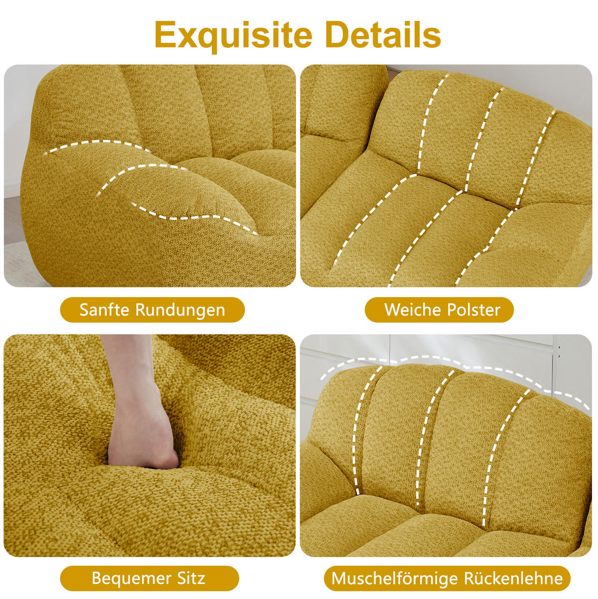 SOFA 288/165/79 cm in Gelb aus Granuliertem Fleece mit Ottoman - Gelb, Textil (165/79/288cm) - Flora Grace