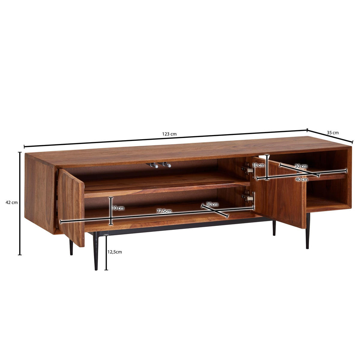 LOWBOARD Massivholz Modern Stil für 55-Zoll Fernseher Push-to-Open mit Edelstahlbeinen - Schwarz/Braun, Holz/Metall (123/42/35cm) - KADIMA DESIGN