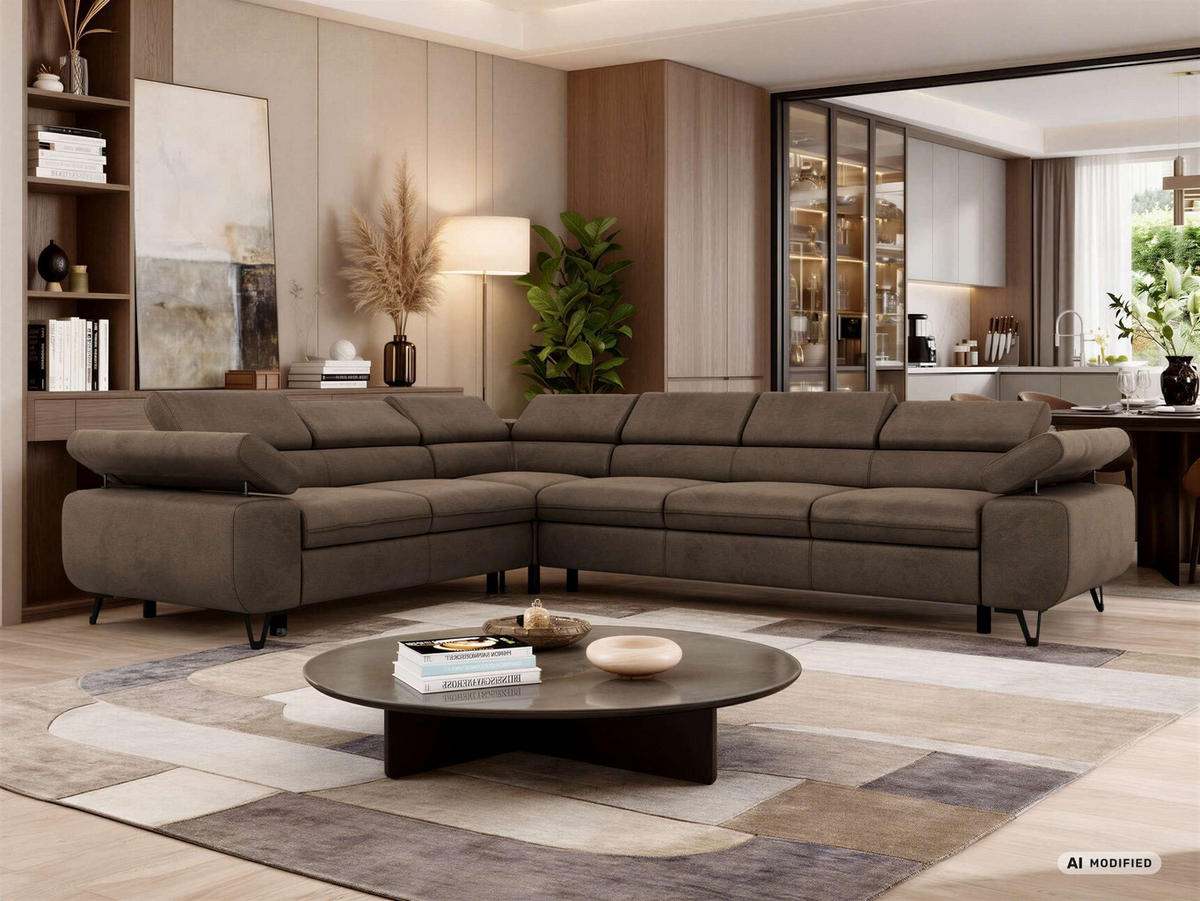 ECKSOFA NORDEN L - Braun Velvet - Rechts Seite - Dunkelbraun/Schwarz, Textil/Metall (329/269cm) - MKS