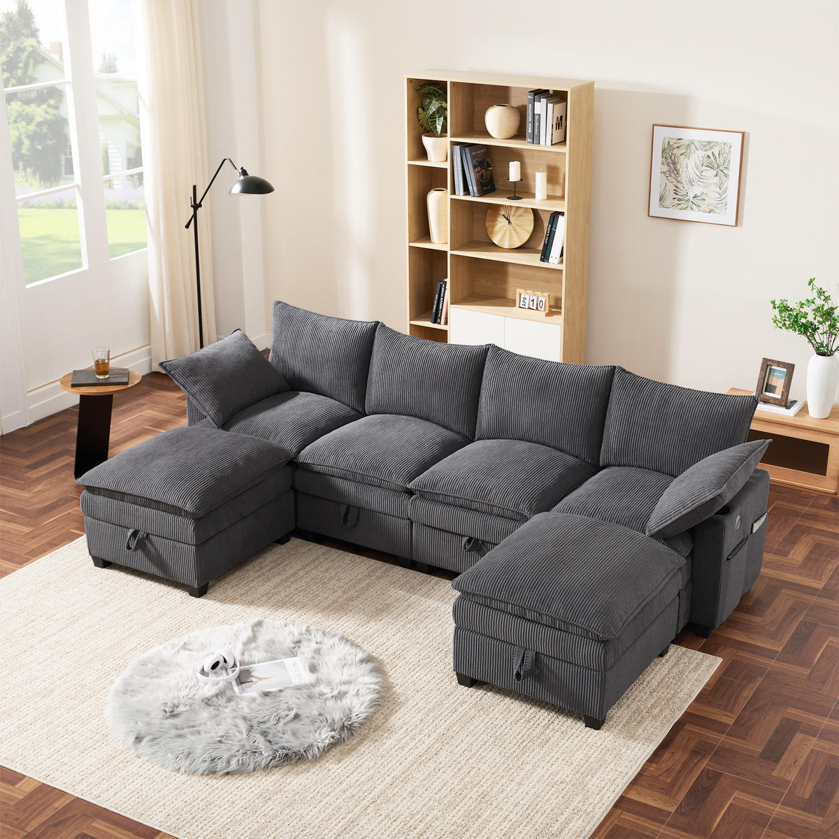 WOHNLANDSCHAFT Cord Grau mit USB, Stauraum und mit Hocker - Grau, Holzwerkstoff/Kunststoff (280/83/150cm) - WISHDOR