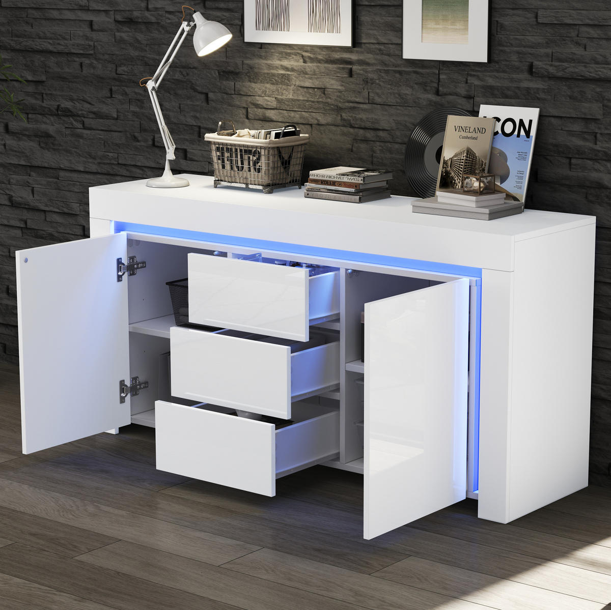 SIDEBOARD aus MDF 140x40x65 cm Weiß mit LED-Beleuchtung, 2 Türen, 3 Schubladen und Hochglanzfront - Weiß, Holzwerkstoff (140/65/40cm) - Modfu