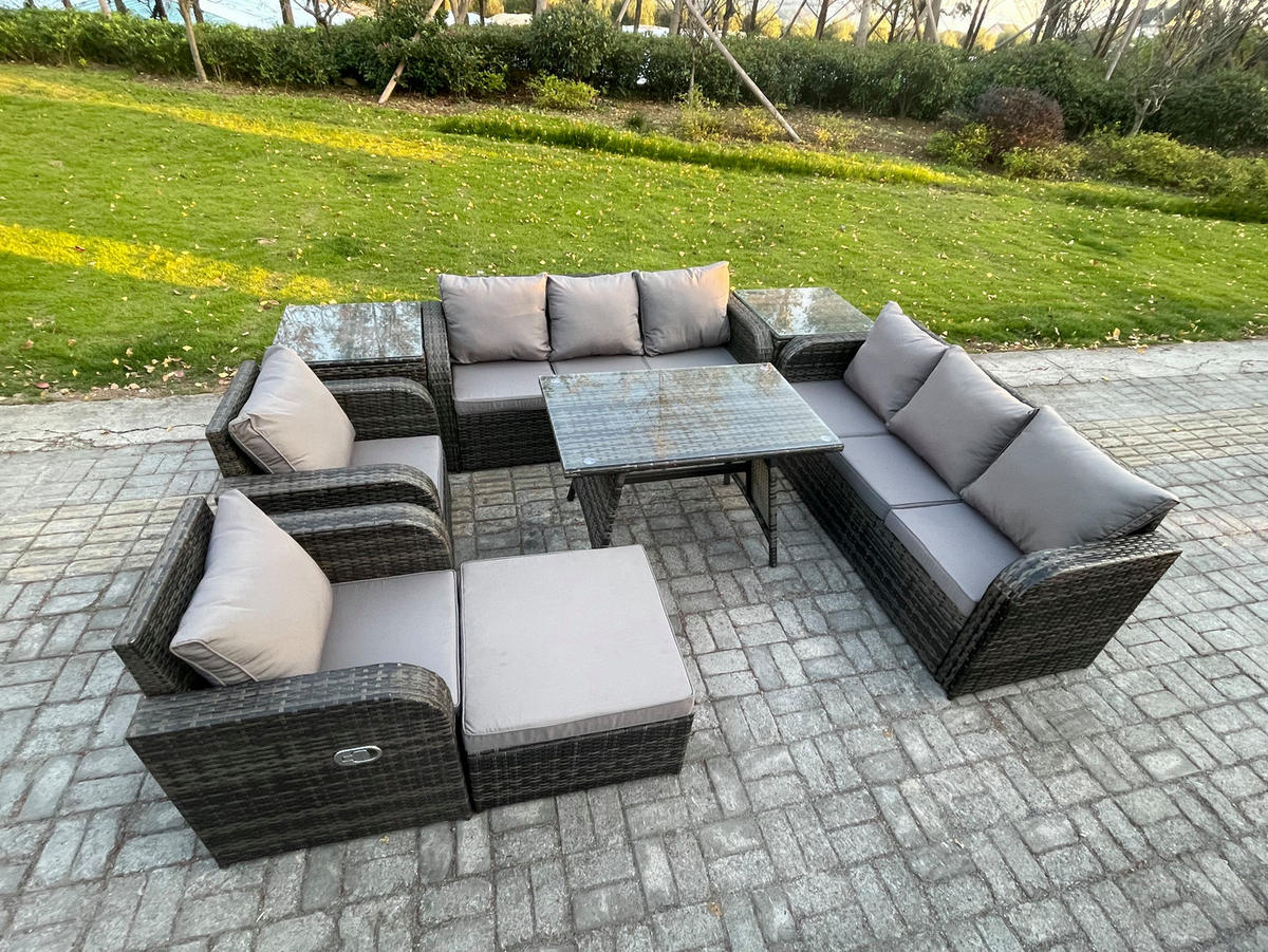 GARTENSET Hohe Rückenlehne Polyrattan 9-Sitzer - Dunkelgrau/Grau, Glas/Kunststoff - Fimous