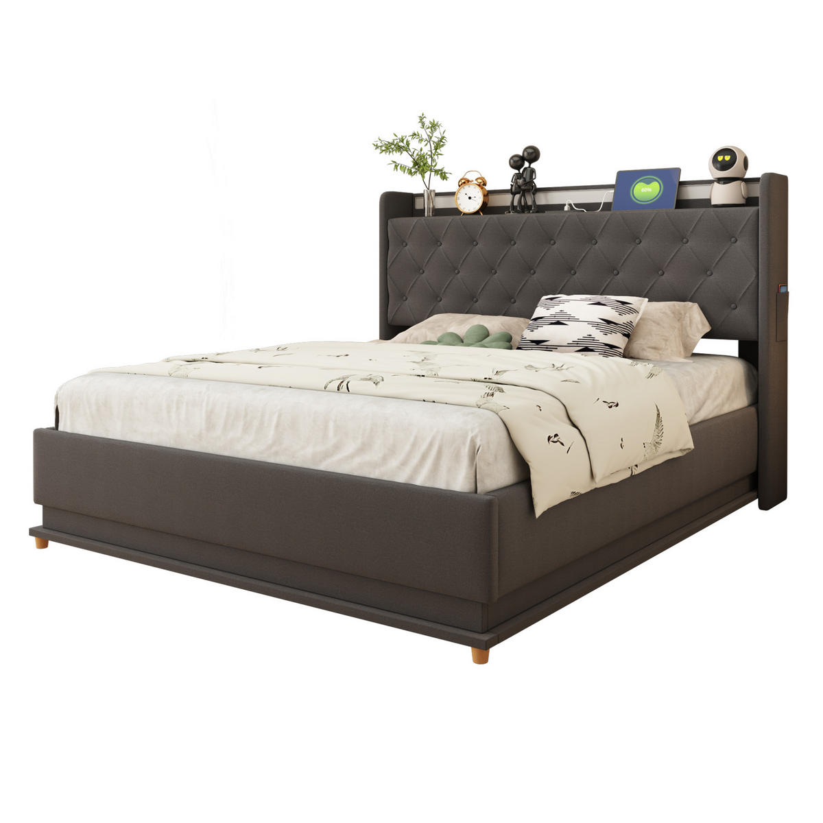 POLSTERBETT mit LED-Beleuchtung 140/200 cm mit USB-Anschluss und Bettkasten - Grau, Textil (140/200cm) - BEAOK