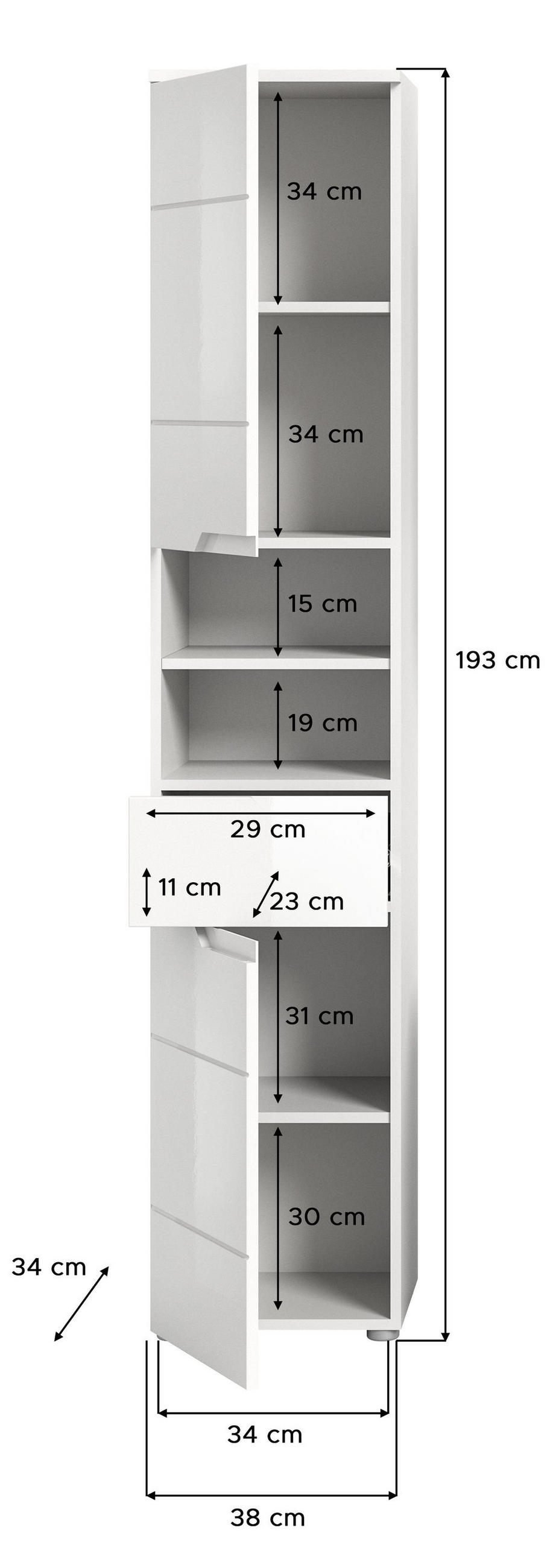HOCHSCHRANK SOLERO (B/H/T: ca. 38/193/34 cm) in Weiß/weiß hochglanz - Weiß, Holzwerkstoff (38/193/34cm)