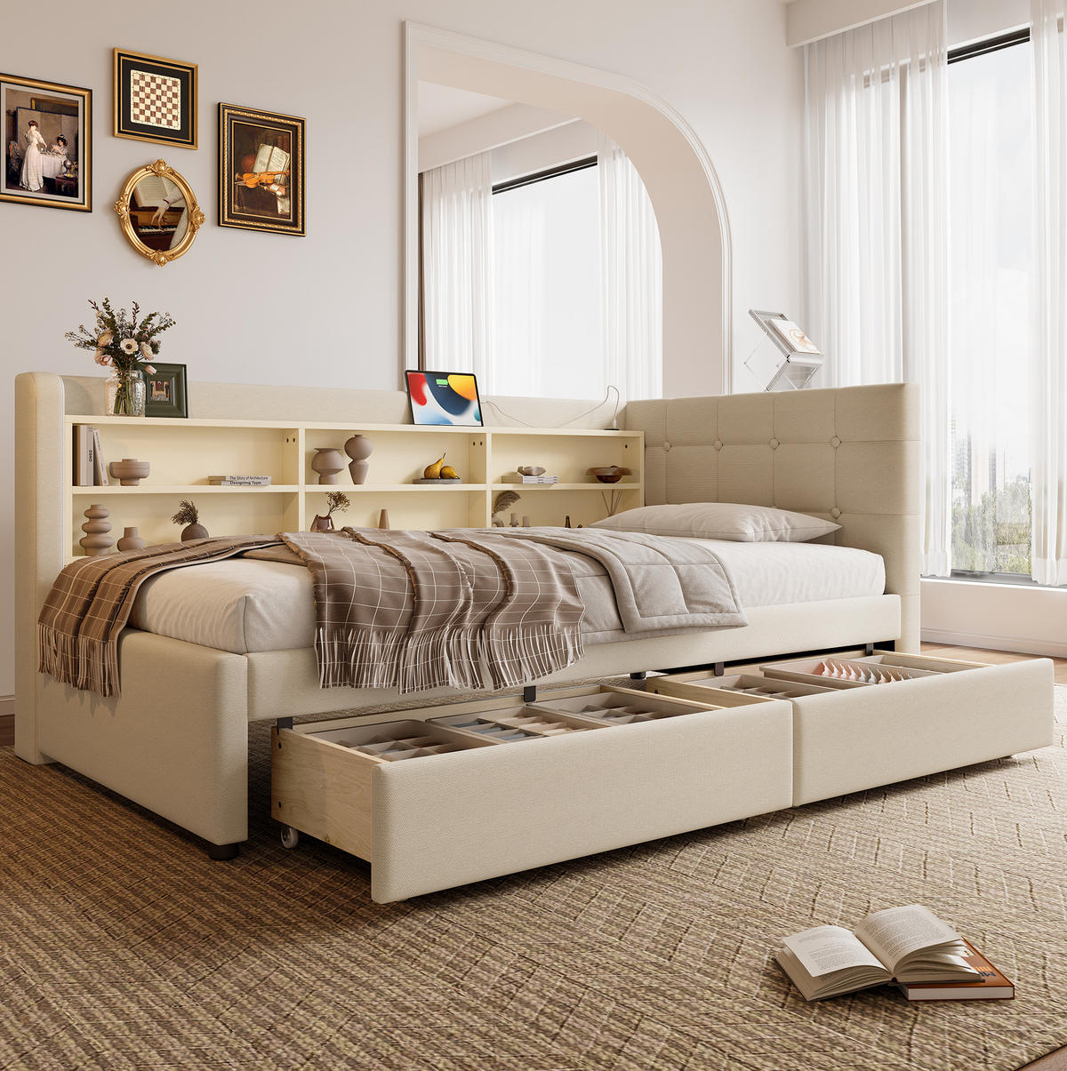 POLSTERBETT 90/200 cm Beige mit 2 Schubladen und USB- und Type-C-Anschlüssen - Beige, Textil (90/200cm) - Flora Grace