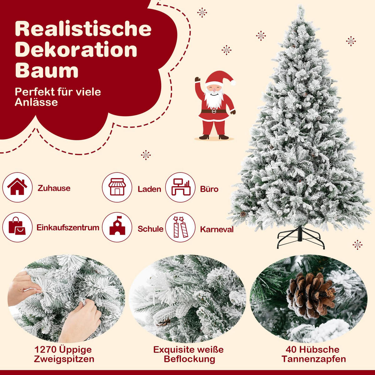 WEIHNACHTSBAUM mit Beleuchtung Schnee und Zapfen 210 cm weiß - Weiß, Metall (210cm) - COSTWAY