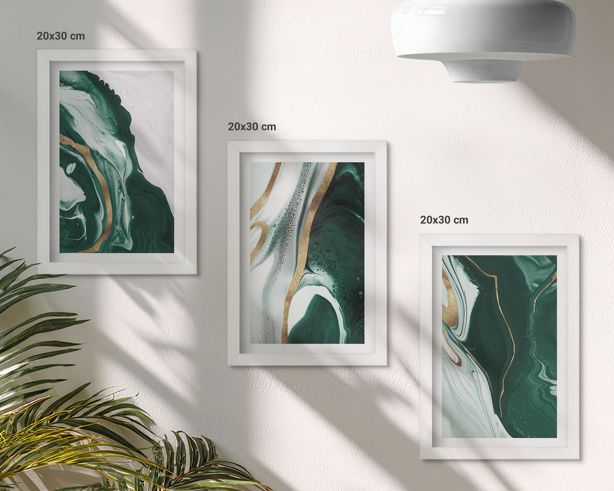 WANDBILDER 3er-Set - 20x30 cm Weißer Rahmen - Abstrakte grüne Farbmuster - Weiß, Kunststoff (20/30cm) - ArtPrintCave