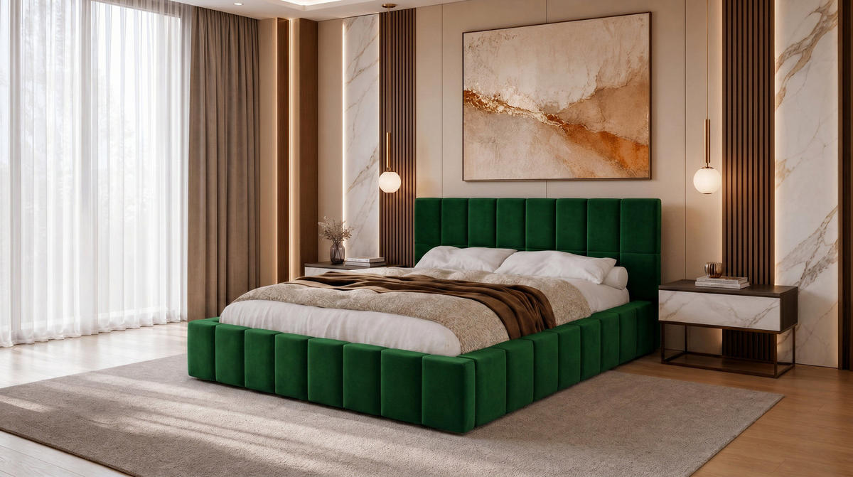POLSTERBETT 140x200 cm, Alma, Doppelbett mit Bettkasten, Lattenrost aus Holz, Velourstoff, Grün - Grün, Holz/Textil (140/200cm) - Marpur