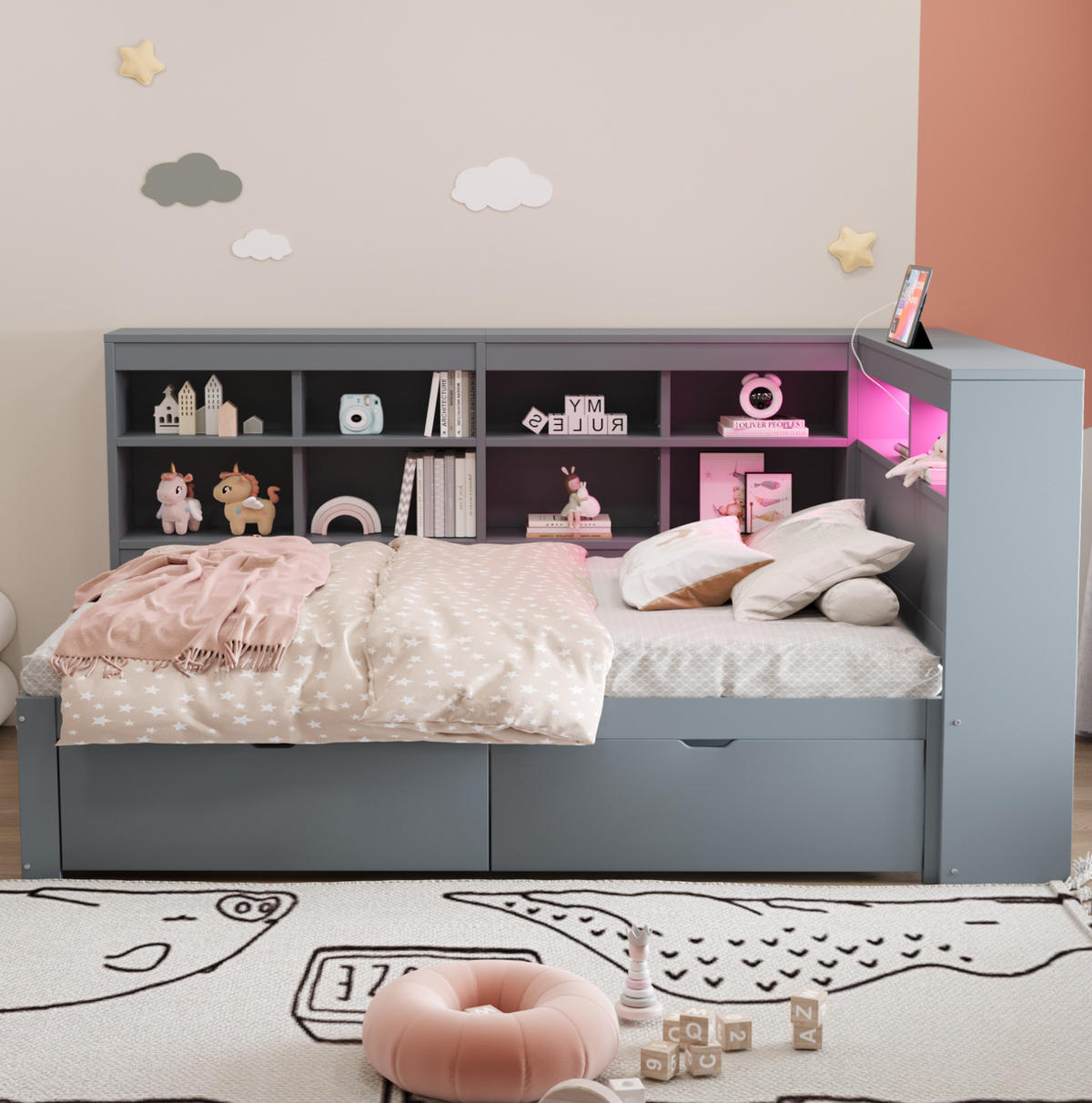 SCHLAFSOFA 90/200 cm mit USB-Steckdose, LED-Beleuchtung und Stauraum aus, Grau - Grau, Holzwerkstoff (116/90.5/222.3cm) - Redom