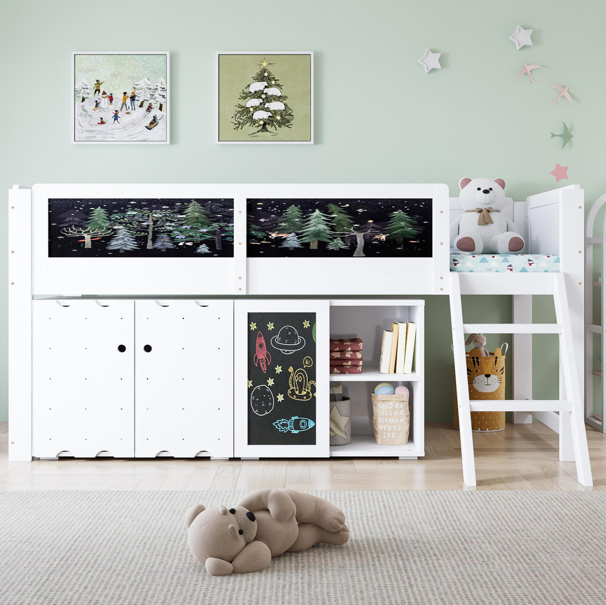 HOCHBETT 90/200 cm aus Kiefer und MDF mit Schrank und Kreidetafel Weiß/Schwarz - Weiß, Holzwerkstoff (90/200cm) - Modenvie