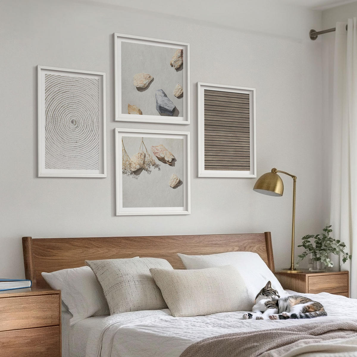 WANDBILDER 4er-Set - 50x50 cm & 40x60 cm Weißer Rahmen - Natürliche Texturen Holz Steine - Weiß, Kunststoff (50/50cm) - ArtPrintCave
