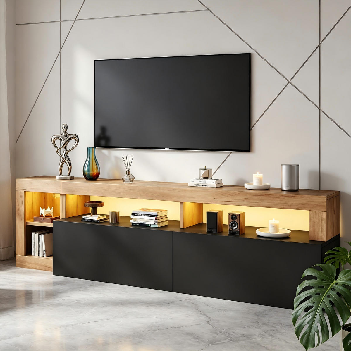 TV-SCHRANK Schwarz-Holzoptik aus Spanplatte mit App-gesteuerter LED 184 × 42 × 58 cm - Schwarz, Holzwerkstoff (184/58/42cm) - Luhomfu