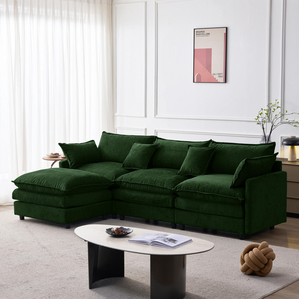 ECKSOFA mit Hocker, modulares 3-Sitzer-Sofa aus Chenille mit Federkern und Massivholzgestell, Grün - Grün, Textil (267/154cm) - Redom