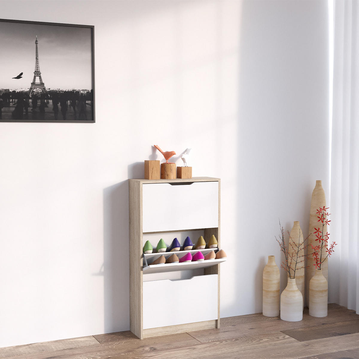 SCHUHKIPPER Luca Weiß/Sonoma 59 x 105 cm 3 Fächer - Sonoma Eiche, Holzwerkstoff (59/105/22cm) - Vicco