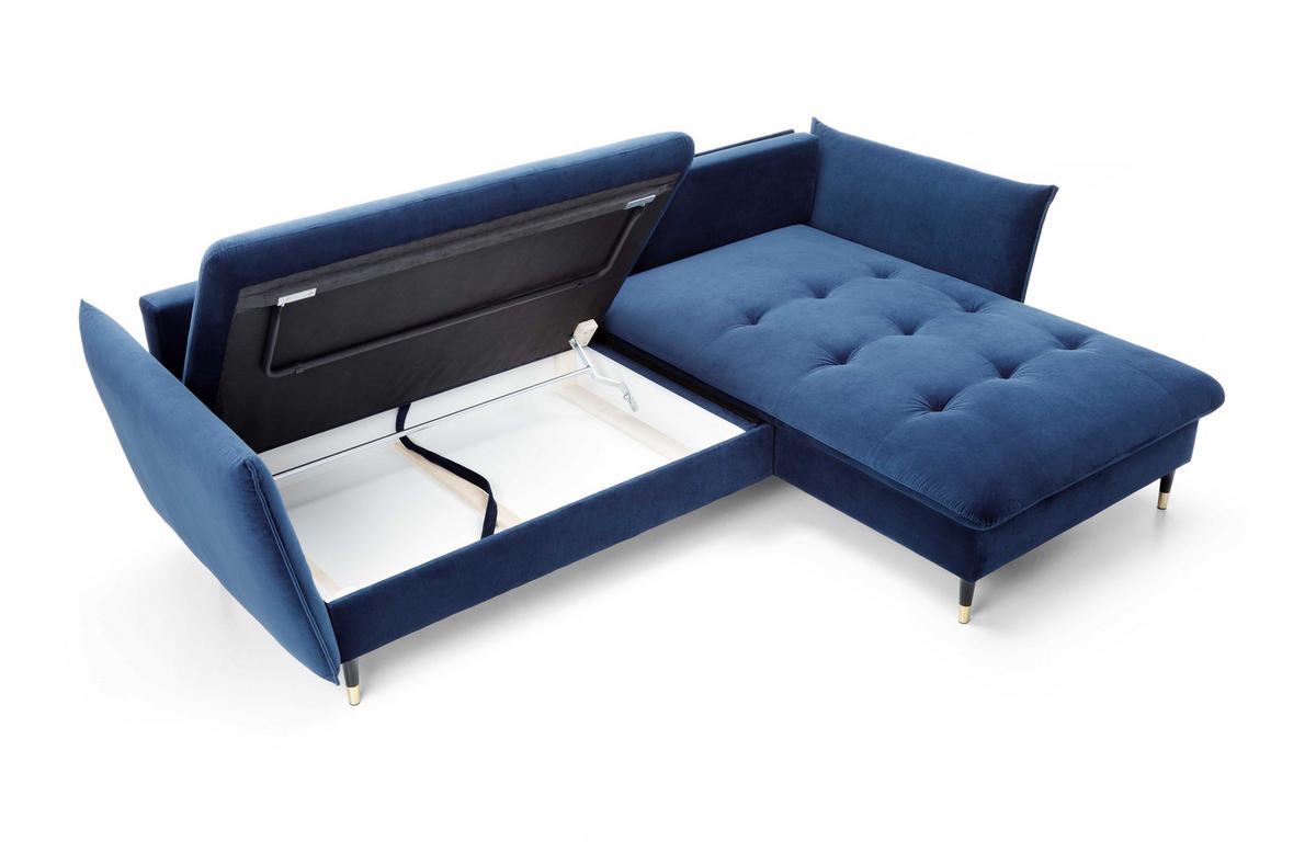 ECKSOFA GLAM mit Schlaffunktion, Ottomane & goldenen Füßen – Samtsofa im Glamour-Stil mit Zierkissen, 258x167x91 cm, rechte, blau​ - Blau, Holz/Textil (258/167cm) - DomoHome