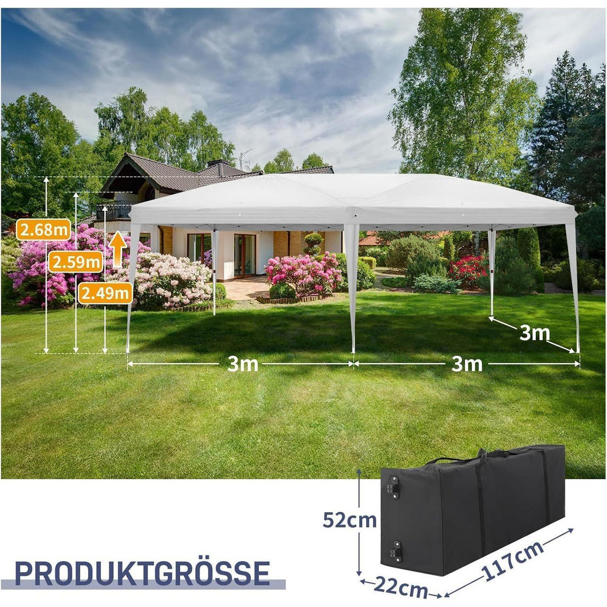 FALTPAVILLON 3 x 6 m Weiß mit 6 Seitenteilen - Weiß, Textil (300/255/600cm)