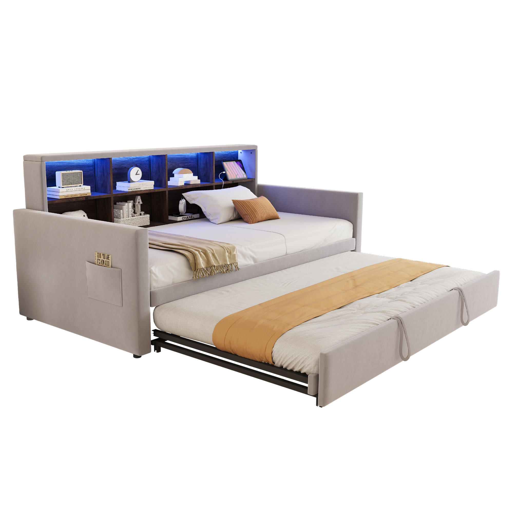 POLSTERBETT 90/190 cm aus Samt mit Ausziehbett, LED und Kopfteil-Staufächern Hellgrau - Hellgrau, Textil (90/190cm) - Modenvie