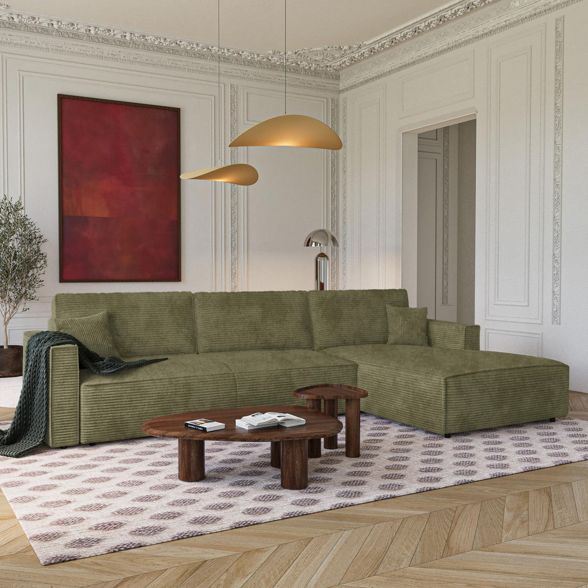 ECKSOFA rechtwinklig Cord Olivgrün 297cm - Olivgrün/Grün, Textil (297/167cm) - Premium Interiors