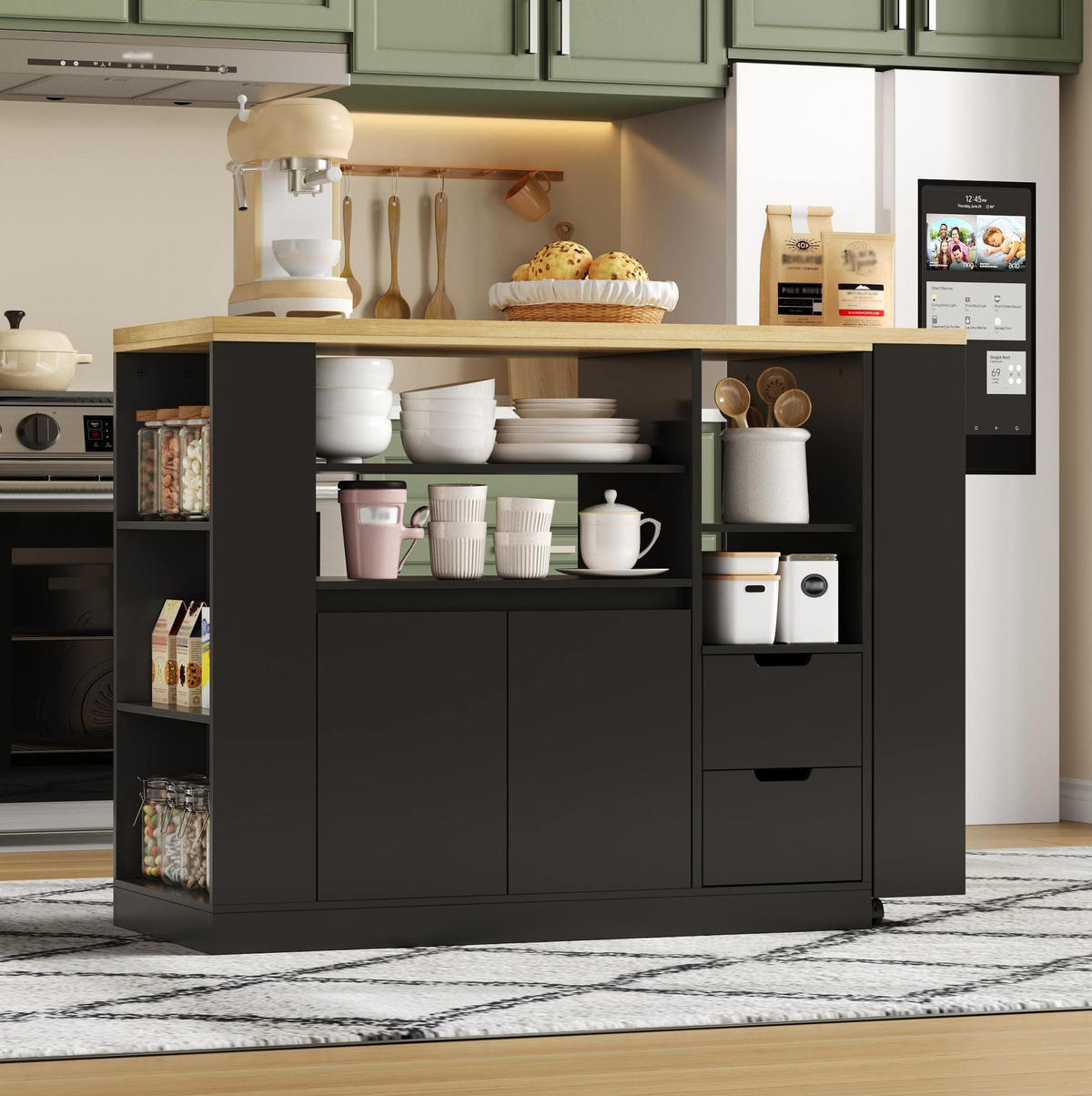 KÜCHENINSEL 115/50/92 cm aus MDF mit dreh- und ausziehbarer Arbeitsplatte Schwarz/Natur - Schwarz, Holzwerkstoff (115/92/50cm) - Modenvie