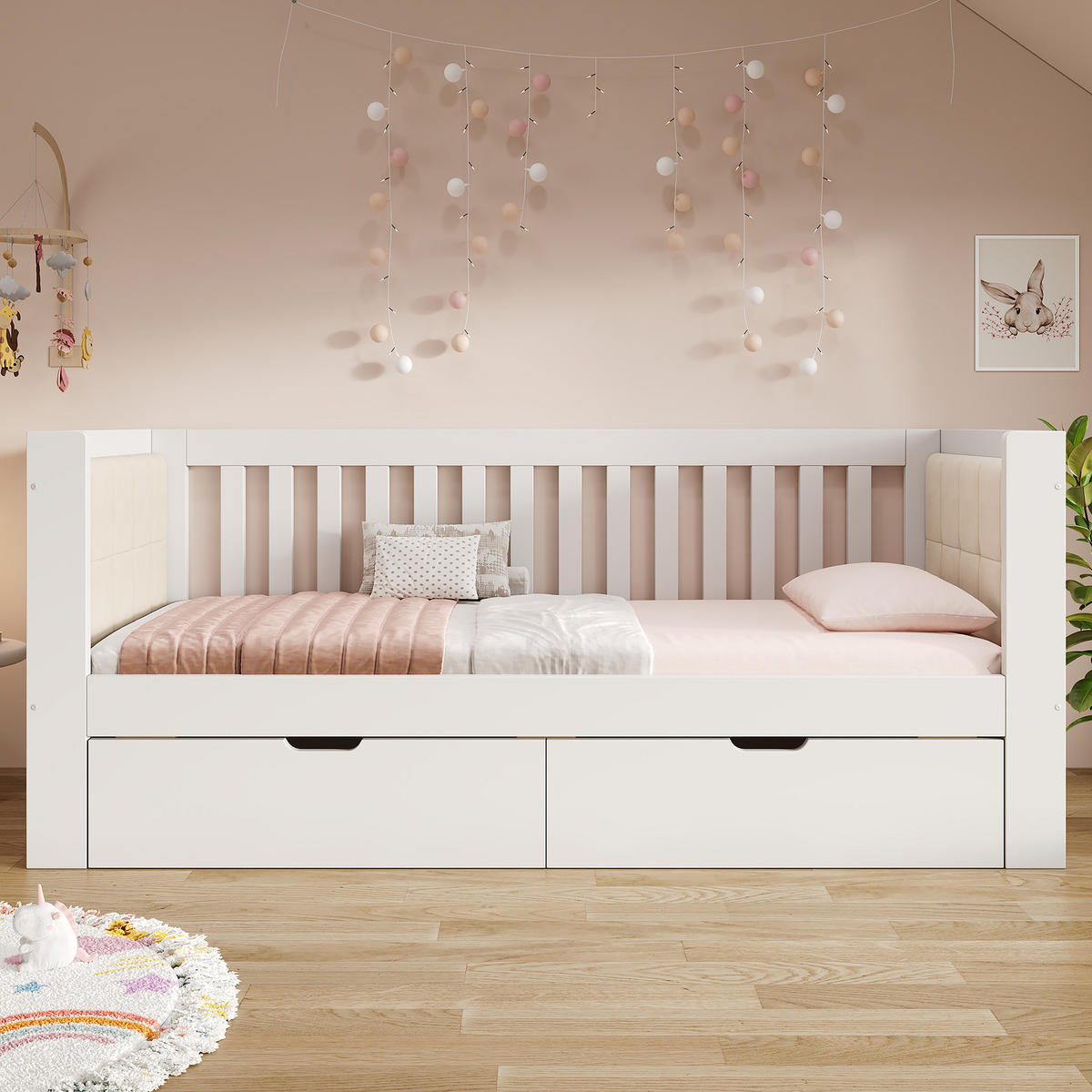 POLSTERBETT 90/190 cm mit 2 Schubladen, gepolsterter Rückenlehne und Lattenrost, Holz, Weiß - Weiß, Textil (90/190cm) - Redom