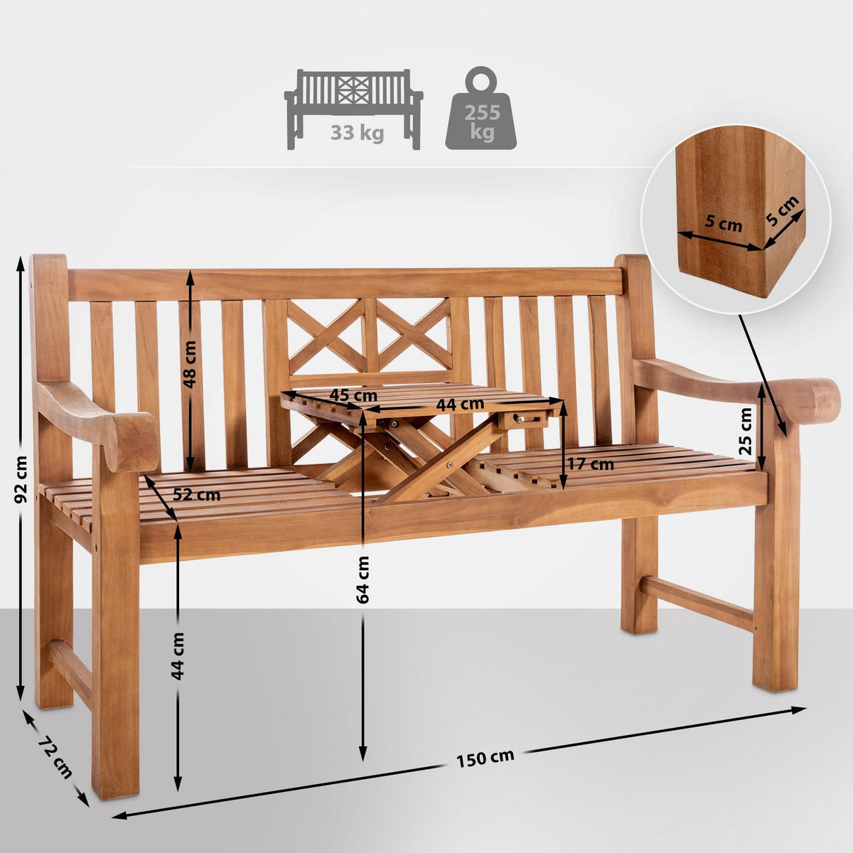 GARTENBANK 150/72 cm Holz Teak - Teakfarben, Holz (150/92/72cm) - CLP