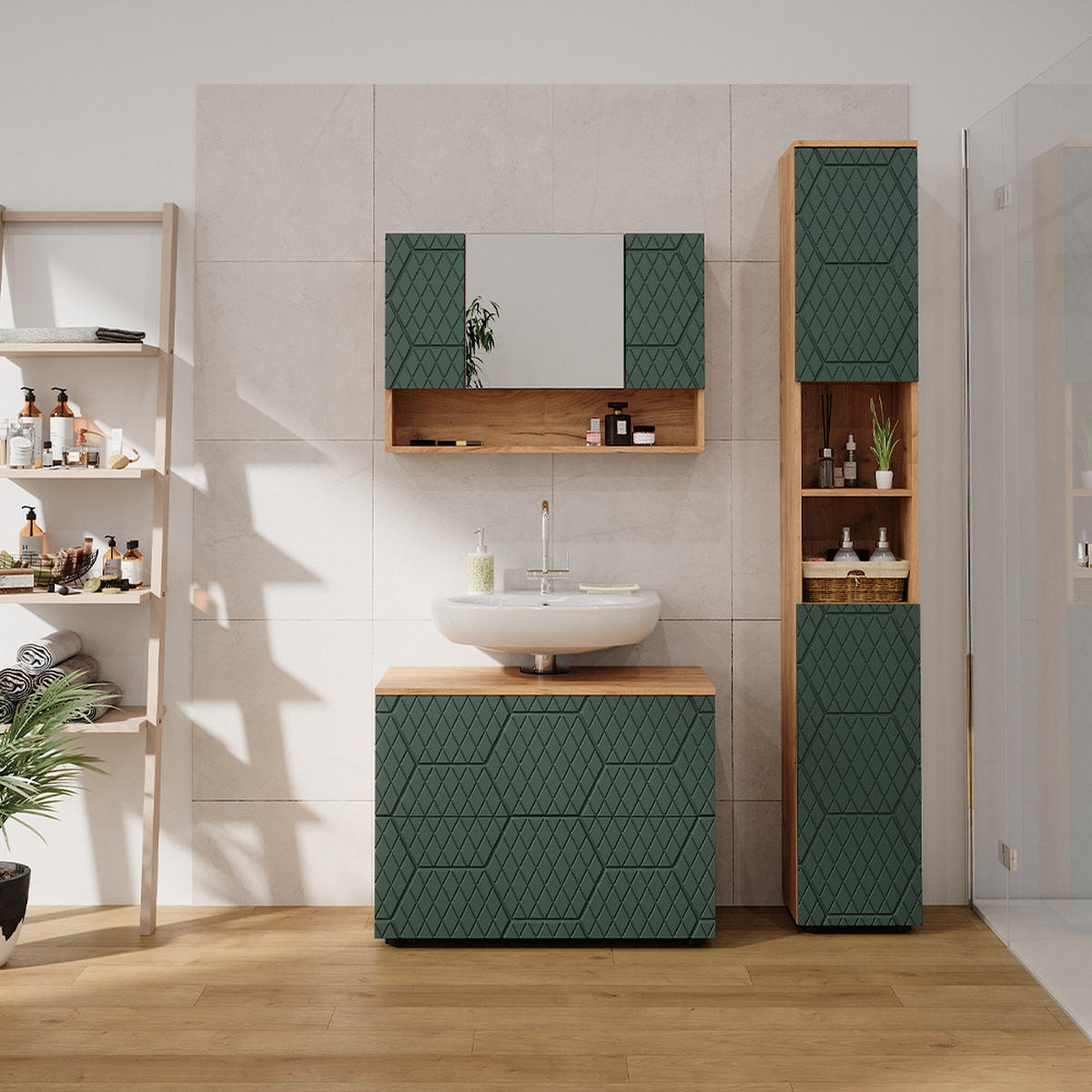 BADMÖBEL-SET Irma Grün 3 Teile, mit Spiegelschrank 80 cm - Eiche Wotan/Grün, Holzwerkstoff (80/58.6/41cm) - Vicco