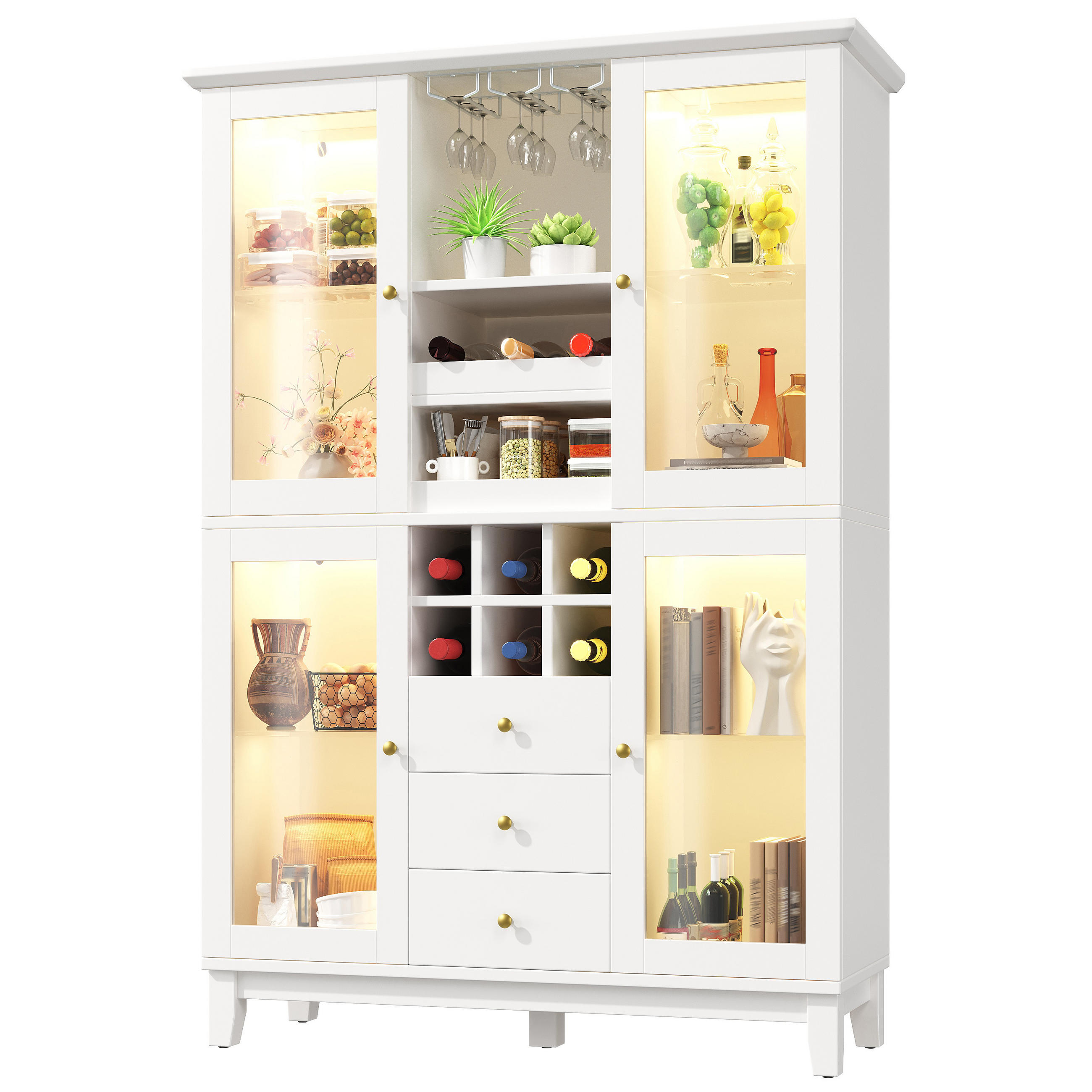 BUFFET Multifunktionaler Weinschrank mit Glasböden, LED & Kippsicherung Weiß Groß Holzwerkstoff - Weiß, Glas/Holzwerkstoff (120/180.5/40cm) - EVRYAE