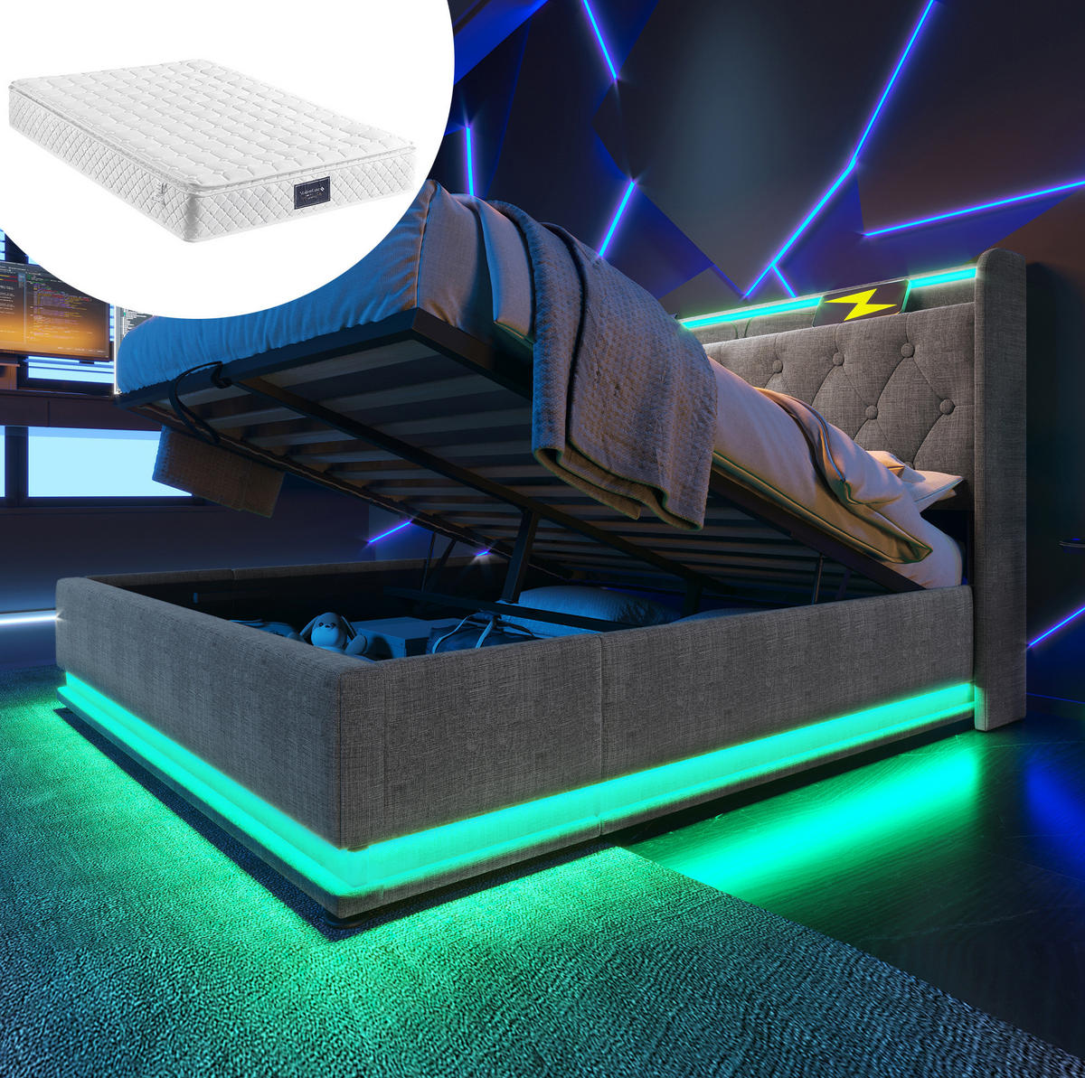 POLSTERBETT 140/200 cm Grau aus Leinen mit LED und Bettkasten - Grau, Textil (140/200cm) - OKMYHOME