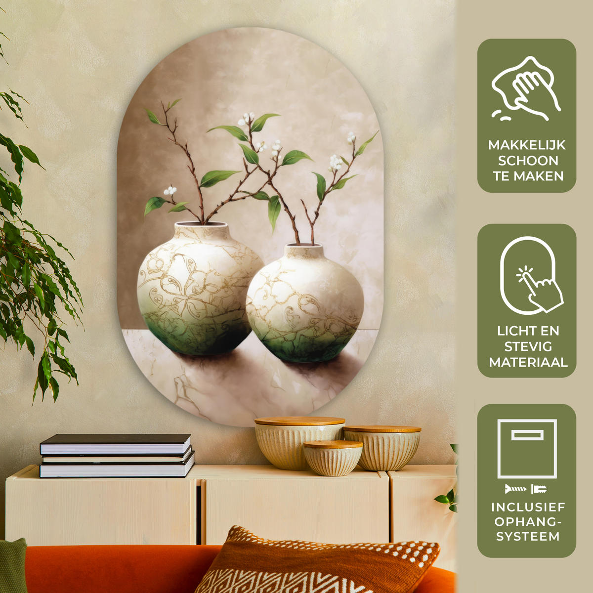 WANDBILD Blumen - Vase - Weiß - Botanisch - Beige Deko Groß 80x120 cm - Ecru, Kunststoff (80/120cm) - MuchoWow