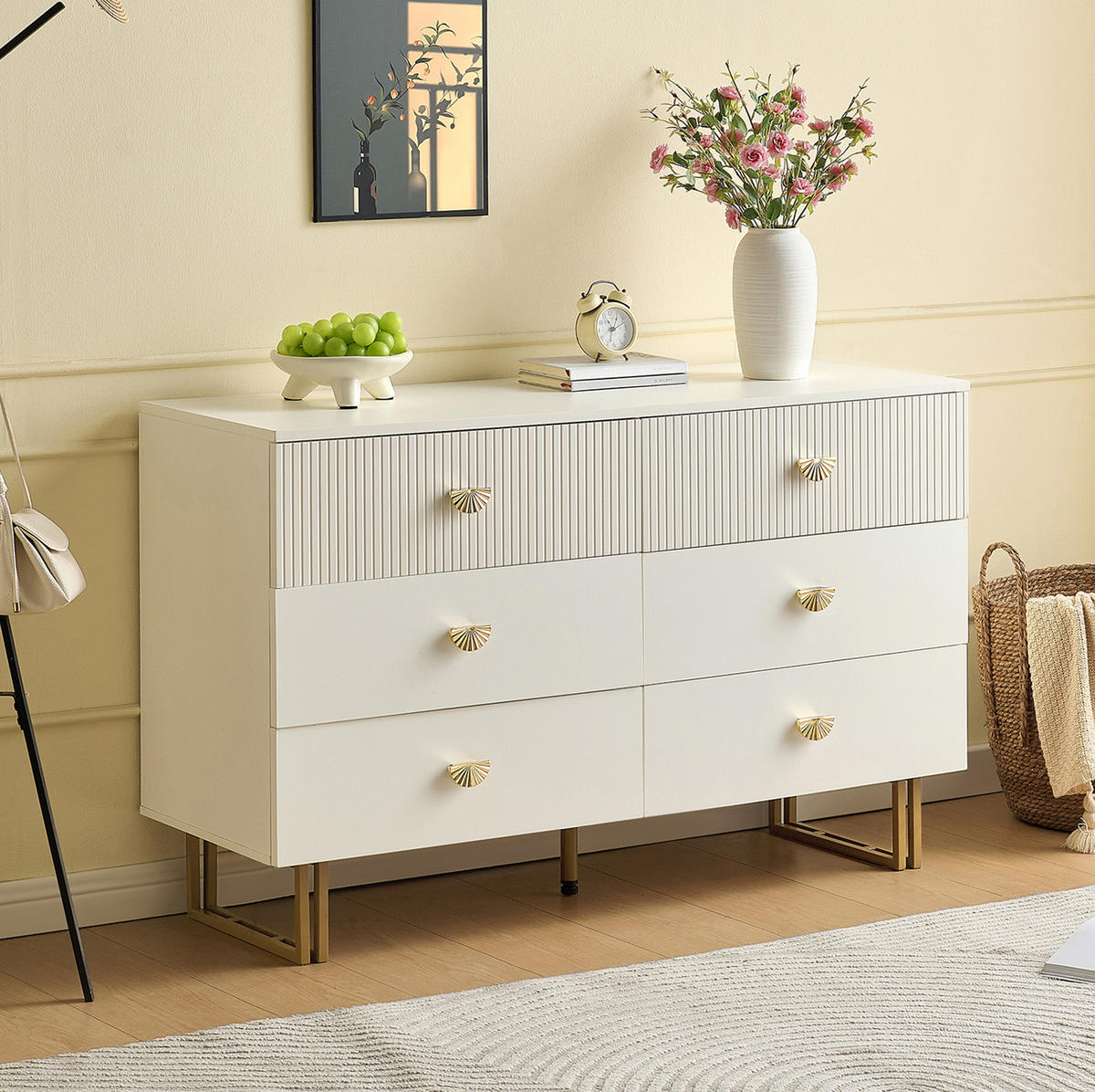 SIDEBOARD 120/40/75 cm mit 6 Schubladen in Weiß und goldfarbenen Griffen - Weiß, Holzwerkstoff (120/75/40cm) - BEAOK