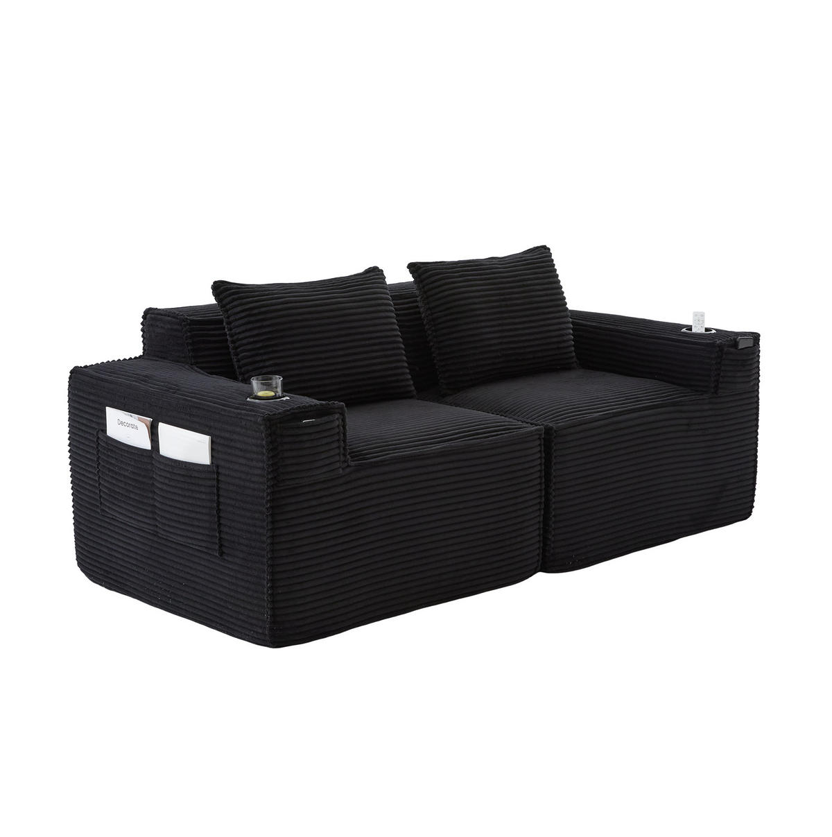SOFA modularer 2-Sitzer mit Getränkehaltern 188 x 90 x 75 cm Schwarz - Schwarz, Kunststoff (188/75/90cm) - Meubliv
