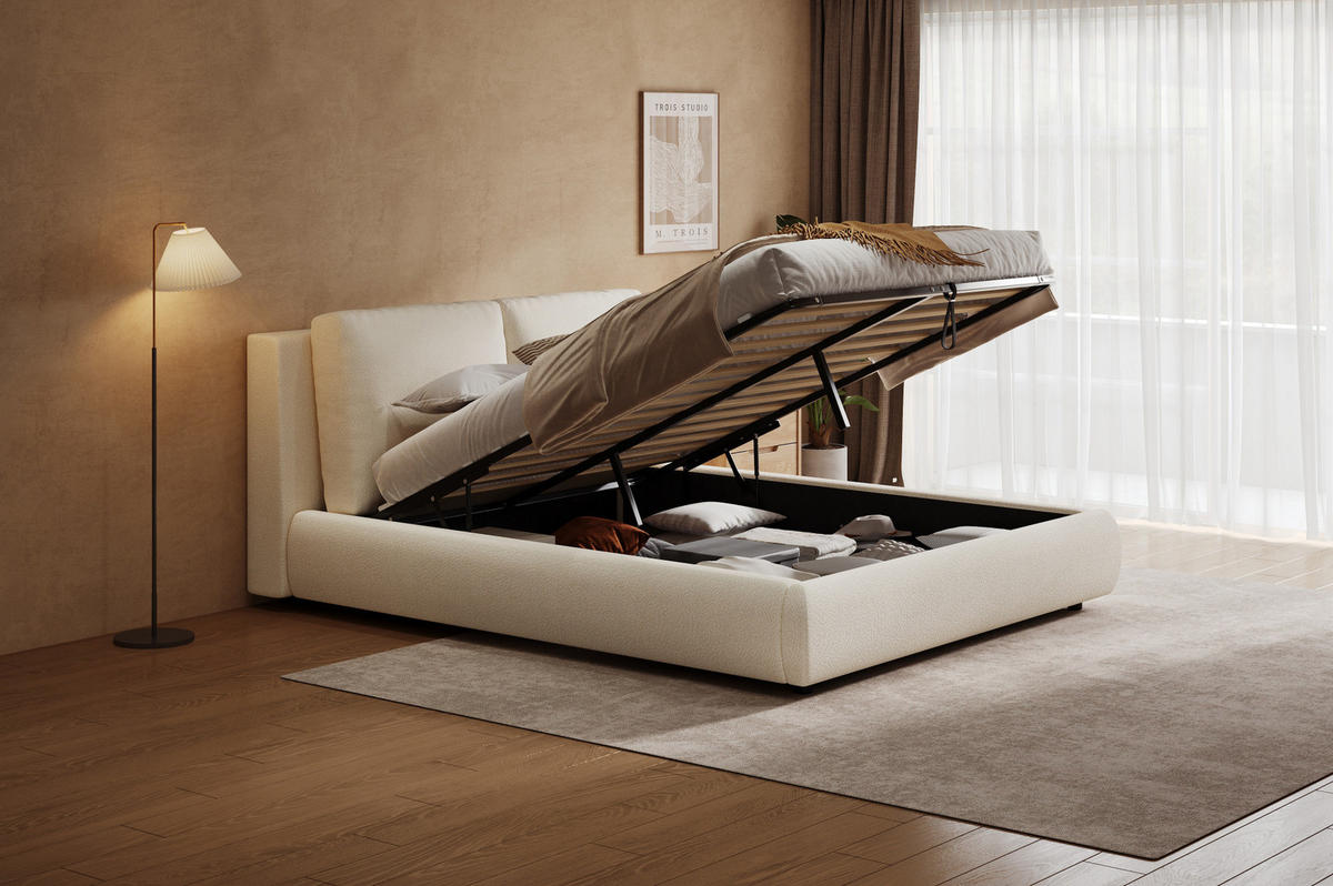 POLSTERBETT 180/200 cm Beige aus Bouclé mit Stauraum - Beige, Textil (180/200cm) - OKMYHOME