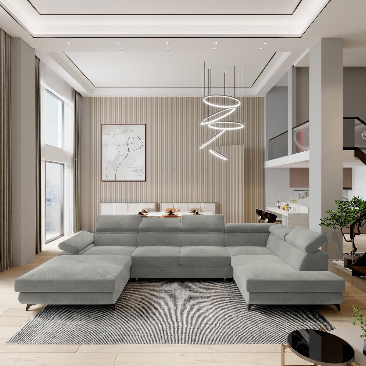 ROHOVÁ SEDAČKA RUBANO světle šedá - černá/světle šedá, kov/dřevo (339/190cm) - MASSENO