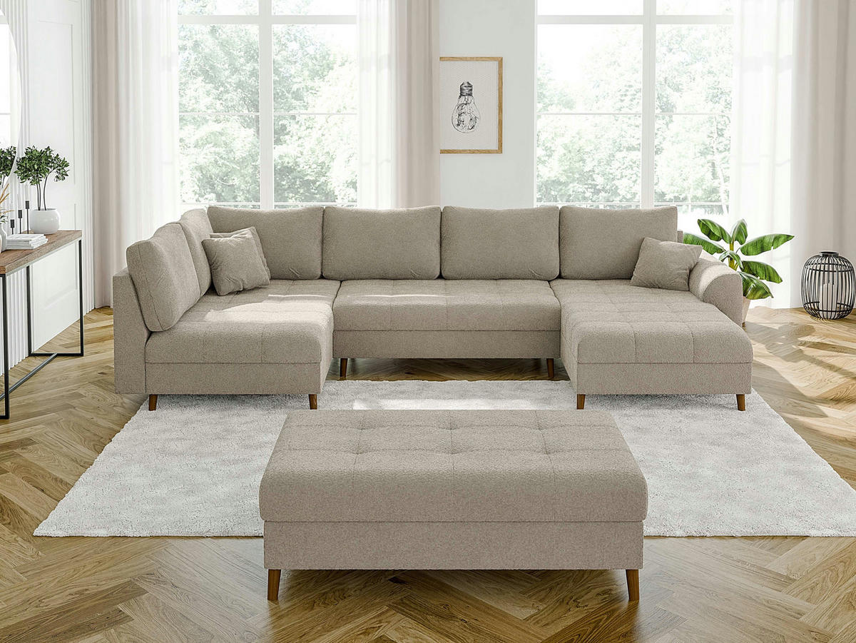 WOHNLANDSCHAFT inkl. Hocker Henrik Beige Boucle - Beige/Braun, Holz/Textil (310/81/161cm) - S-Style Möbel