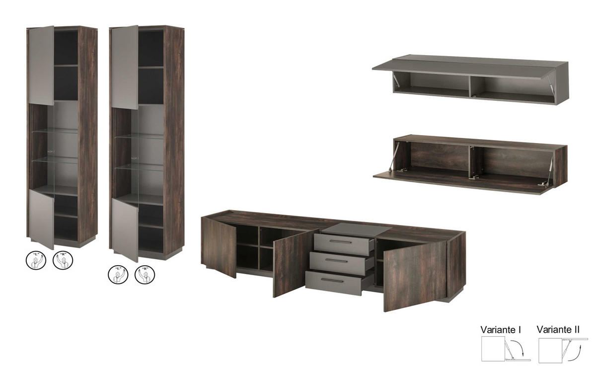 SCHRANK-SET 3-teilig Thermo Eiche, grau, Wohnkombination mit 3 x Vitrine - Eichefarben/Grau, Glas/Holzwerkstoff (205/130/40cm) - Furn.Design